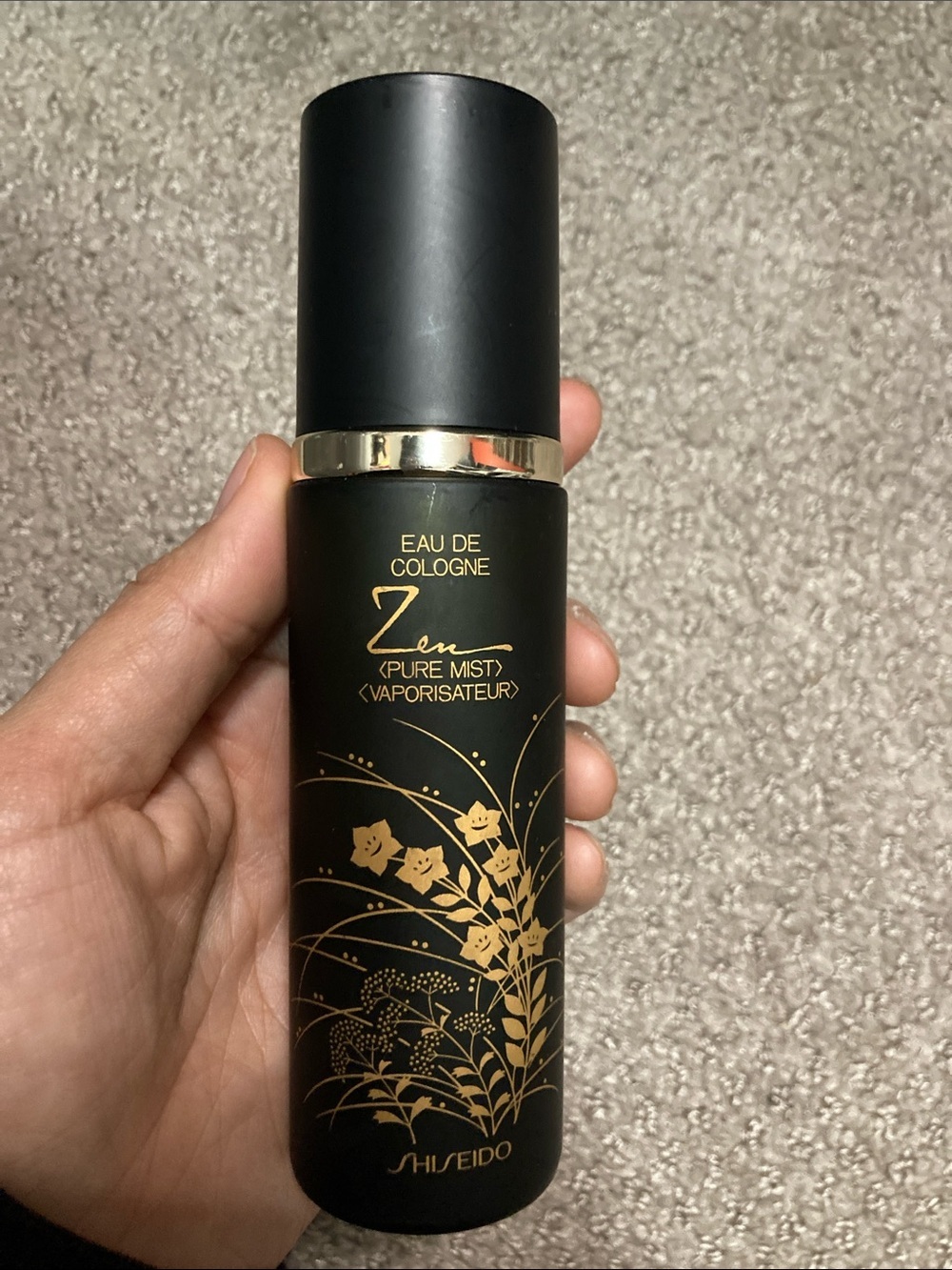 Vintage 1970 Shiseido Zen Pure Mist Cologne – Black & Gold Floral Bottle 80ml